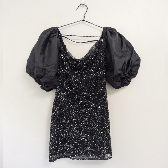 Revolve Tularosa Allison Silver Beaded Sequin Dress with Puff Sleeves Party - Picture 2 of 14